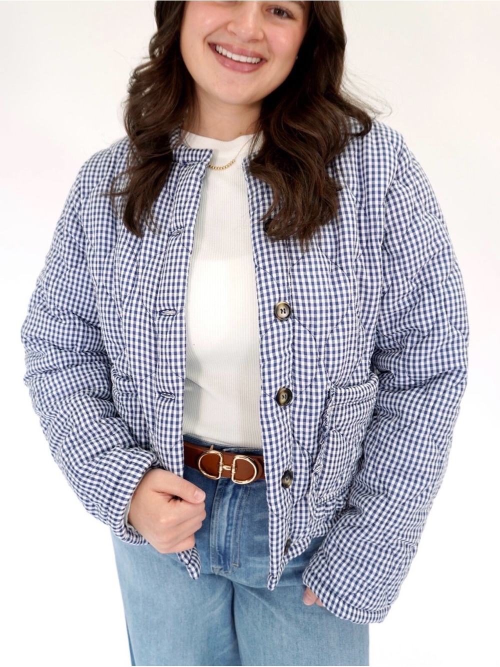 Quilted Gingham Jacket - Navy Blue/White